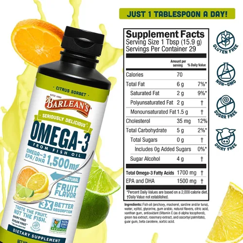 Vista 6 de Barlean's Suplemento líquido de aceite de pescado Omega 3 para hombres y mujeres, 1500 mg de ácido graso EPA y DHA, promueve la salud del cerebro