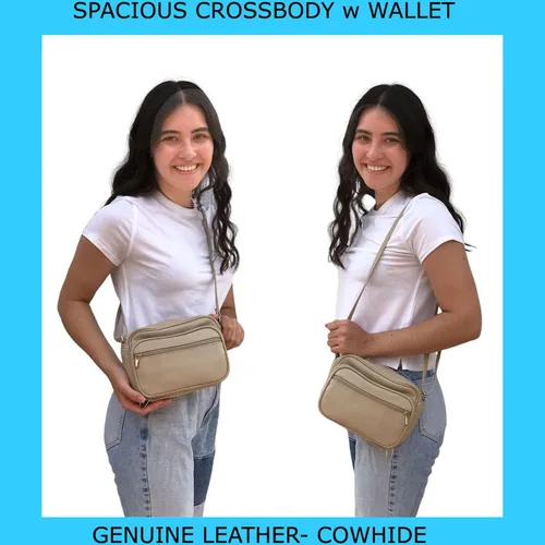 Vista 3 de Bolso de hombro de piel de vaca para mujer, pequeño organizador de cuerpo cruzado con muchos bolsillos