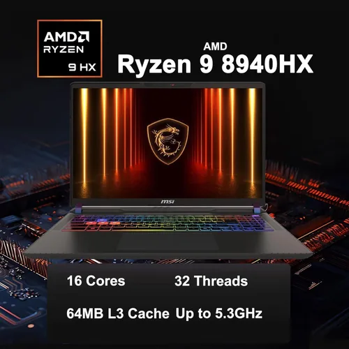 Vista 2 de msi Portátil para juegos Vector 16 HX AI, 16 pulgadas QHD+ IPS 240Hz, procesador AMD Ryzen 9-8940HX, GeForce RTX 5070 Ti, retroiluminación RGB