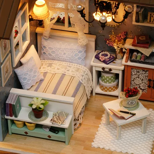 Vista 4 de Kit de casa de muñecas en miniatura para bricolaje, casa de muñecas de madera realista en miniatura 3D, habitación de casa de muñecas con muebles