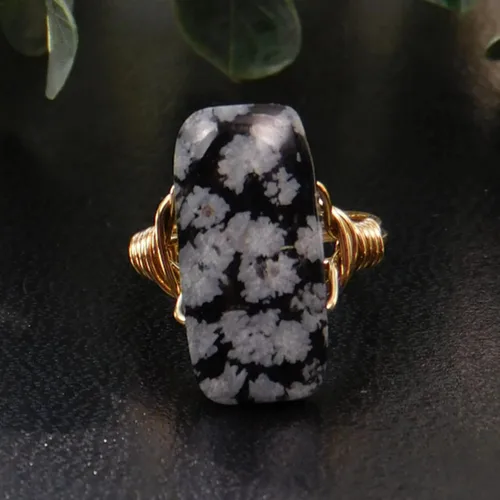 Vista 2 de Black Snowflake Obsidian Rectangle Gemstone Bead in Sterling Silver or 14kt Yellow or Rose Gold Filled Wire Band- Handmade Wire Wrapped Ring- Made