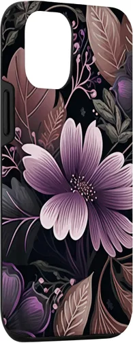 Vista 3 de Funda para iPhone 15 Moody Floral con Flores Moradas y Hojas Decorativas