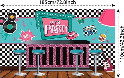 Vista 2 de Boao Decoraciones de fiesta de los años 50, pancarta de Rock and Roll de los años 50, telón de fondo mecedor de los años 50, pancarta retro
