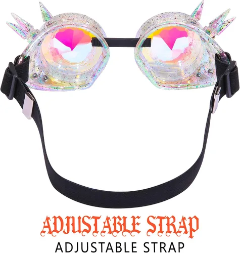 Vista 155 de Gafas de caleidoscopio retro con pinchos, gafas de cristal arcoíris steampunk estilo soldadura, gafas de cosplay punk