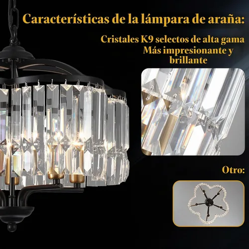 Vista 8 de Lámpara de Araña de Cristal Moderna para Comedor - 5 Luces Ajustables Negra Estilo Granja Accesorio de Luz Colgante para Vestíbulo Dormitorio Sala