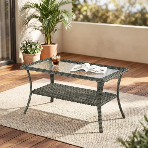 Vista 13 de Belord Mesa de centro al aire libre para patio, mesa de centro de ratán de 40 pulgadas con almacenamiento de 2 capas, mesa rectangular de mimbre