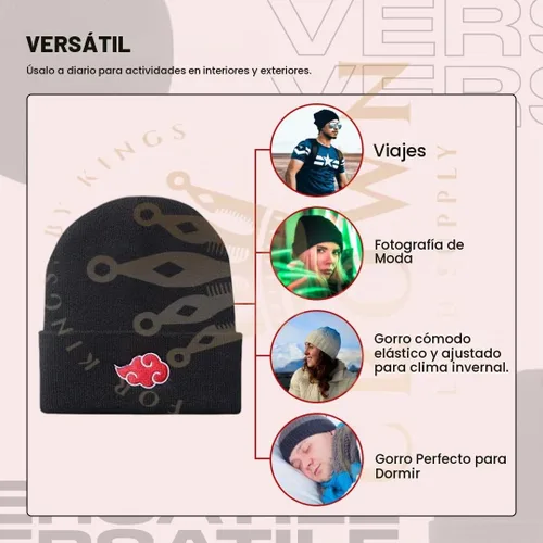 Vista 5 de Gorro de invierno de anime para hombres y mujeres, gorro de punto con puños, cómodo y suave, bordado de anime Negro