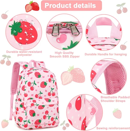 Vista 6 de BTOOP Mochila para niños en edad preescolar para niños y niñas, mochila escolar de viaje de 15 pulgadas, para niños de 3 a 8 años, Fresa