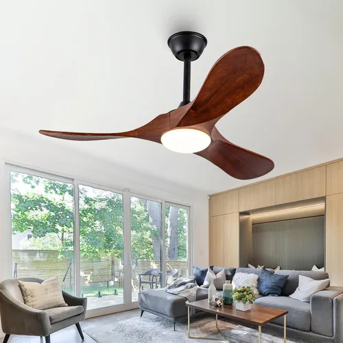 Vista 13 de Ventilador de techo de madera natural de 42 pulgadas con luces y control remoto, ventilador de 3 aspas para exteriores/interiores para patio y sala