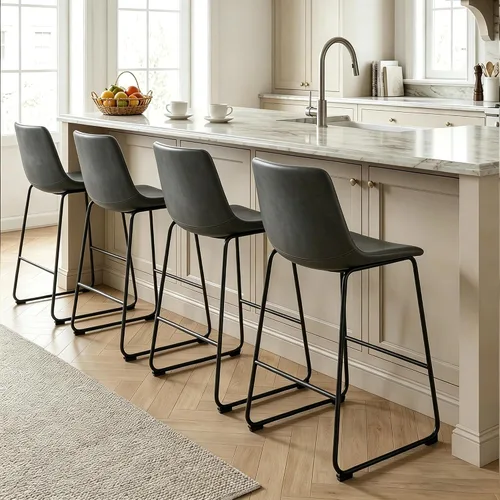 Vista 10 de LSSBOUGHT Taburete de bar, taburetes de bar modernos de altura de mostrador, taburete de bar de cuero sintético con patas y reposapiés de metal