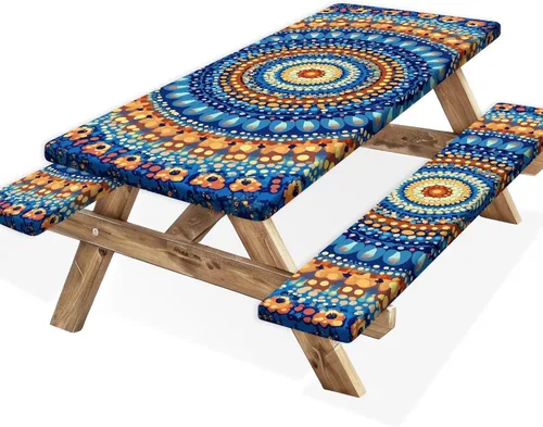 Vista 53 de Funda para Mesa de Picnic con Fundas para Bancos y Bolsa, Campista de Madera Impermeable Resistente al Viento, Cubierta de Mantel Ajustada con Borde