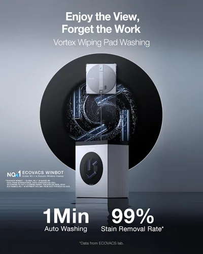 Vista 2 de ECOVACS WINBOT W3 Omni Robot limpiador de ventanas con limpieza automática y estación multifuncional, navegación inteligente Win-SLAM 5.0, limpieza