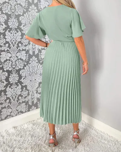 Vista 5 de BTFBM Vestidos de verano casuales con cuello en V para mujer, manga corta, satén, con lazo en la cintura, plisados, fluidos, para invitados de boda