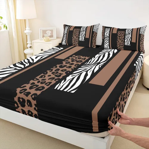 Vista 11 de Sábana bajera ajustable con estampado de leopardo, tamaño individual, juego de ropa de cama rústica con rayas de piel de cebra, decoración
