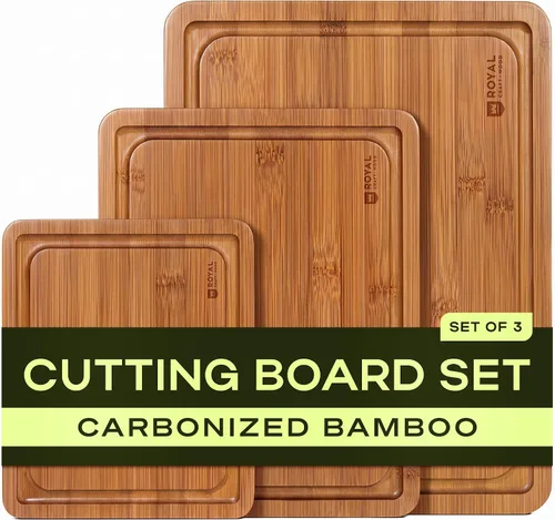 Vista 19 de ROYAL CRAFT WOOD Tablas de cortar de madera para preparar comidas de cocina y servir – Juego de tablas de cortar de bambú no tóxicas con asas Marrón