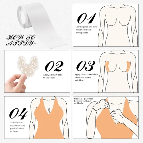 Vista 5 de Kit de cinta transparente para pechos, cinta adhesiva para levantamiento de senos con cubiertas de pezón de alce y cinta de moda de doble cara