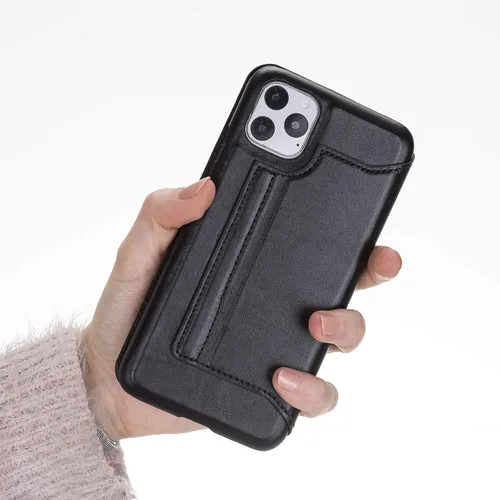 Vista 4 de Venito Venice - Funda delgada compatible con iPhone 11 Pro Max con soporte, cartera, cierre automático y bloqueo RFID (negro rústico)
