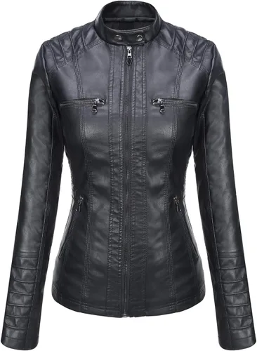Vista 4 de Springrain Women's Faux Leather Jacket Moto Biker Coat with Detachable Hood Motorcycle Jacket