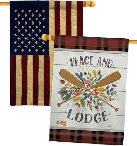 Vista 5 de Peace And Lodge House Flags 2 pcs Pack Outdoor Rustic Lake Cabin Moose Wildlife Adventure Forest Small Decorative Gift Yard Banner Double-Sided Made