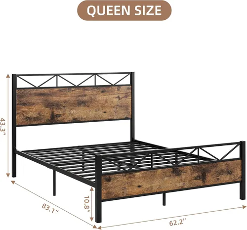 Vista 2 de GAOMON Base de cama tamaño Queen, marco de cama de plataforma de metal con cabecera y estribo de madera rústica vintage, sin ruido, fácil montaje