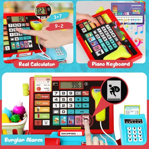 Vista 2 de maysida 52 PIEZAS Caja Registradora de Juguete para Niños con Sonido Música/Escáner/Micrófono/Tarjeta de Crédito/Dinero de Juego, Juguete