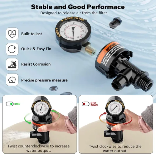 Vista 5 de Válvula de alivio de aire manual para filtros de piscina y spa, válvula de alivio de aire para filtro de piscina con manómetro de repuesto, válvula