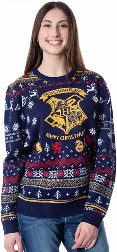 Vista 3 de Harry Potter Hogwarts - Suéter de punto feo navideño para hombre marino