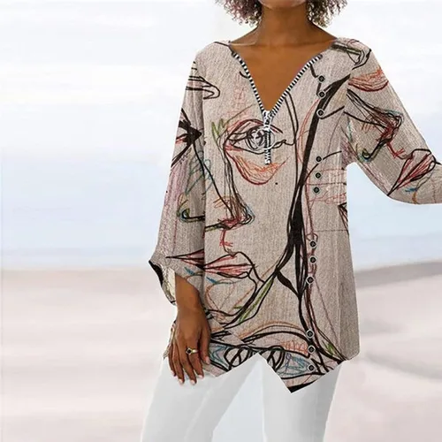 Vista 2 de FMCHICO Blusa de lino con cremallera suelta de manga 34 para mujer, con estampado de graffiti, dobladillo irregular, Beige