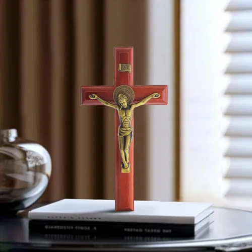 Vista 3 de KOMI Crucifijo de pared de 10 pulgadas, cruz de madera de Jesucristo, cruz católica colgante, decoración de pared, regalos católicos para hombres