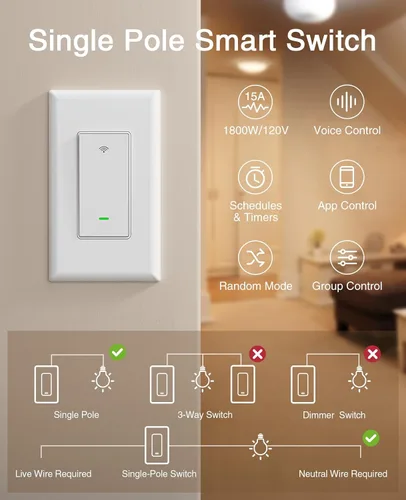 Vista 2 de Interruptores inteligentes GHome Smart para luces, interruptor de luz WiFi inteligente funciona con Alexa y Google Home, un solo polo, requiere