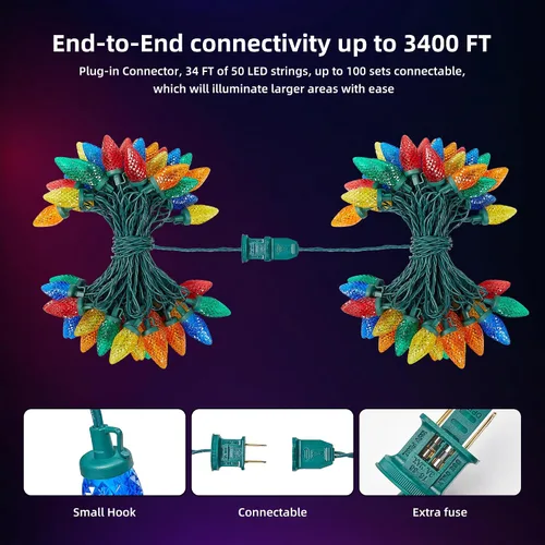 Vista 8 de Luces LED C9 de Navidad para exteriores, 34 pies, 50 LED, impermeables, decoraciones navideñas de fresas, luces de cadena, enchufables, luces
