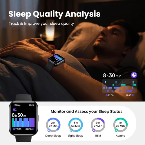 Vista 3 de Relojes inteligentes para hombre, Android y iPhone, 1.8 pulgadas HD Alexa reloj inteligente integrado con llamadas Bluetooth, IP68 impermeable Negro