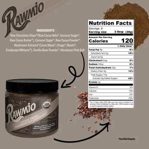 Vista 4 de Rawmio Chocolate caliente orgánico clásico con champiñones y cacao, vegano, kosher, bajo en grasa y sin gluten, paquete de 1, 8.5 onzas