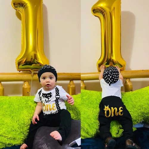 Vista 6 de LENSOUS Conjunto de mameluco divertido para el primer cumpleaños de un año para niño