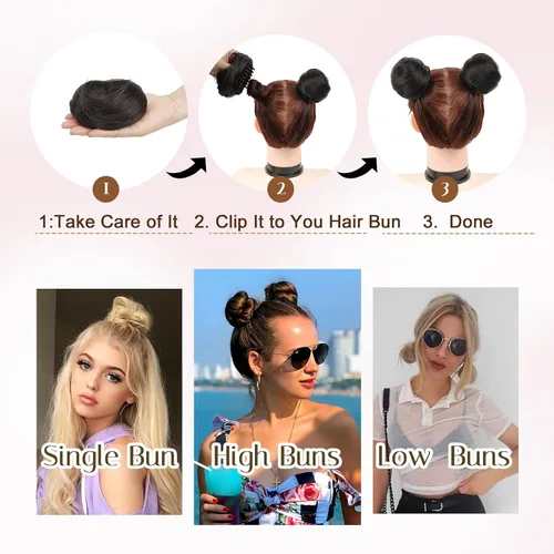 Vista 4 de Extensiones de moño espacial para mujer, 2 piezas de extensiones de moño de cabello falso natural, clip de garra, moño de pelo sintético