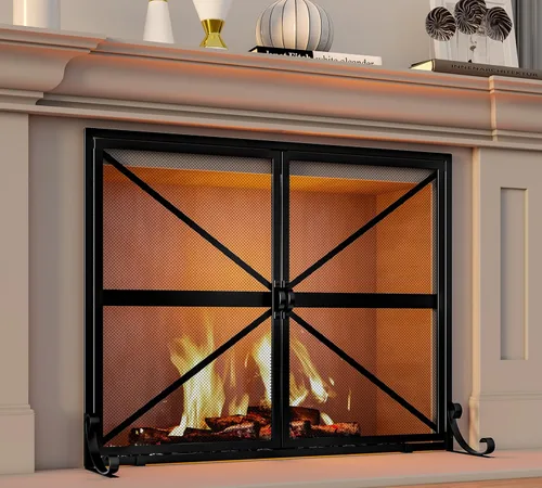 Vista 4 de Fire Beauty Pantalla de chimenea con puertas, 2 paneles hechos a mano de hierro forjado sólido malla decorativa, accesorios seguros para bebés