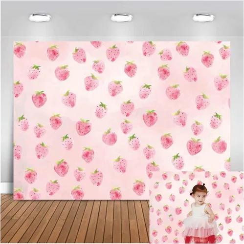 Vista 2 de Telón de fondo de fresa rosa para niñas, decoración de fiesta de cumpleaños, fondo de fotografía de fresa, suministros de baby shower, decoración