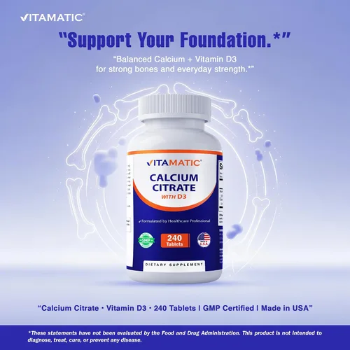 Vista 5 de Vitamatic Citrato de Calcio con Vitamina D3 – 240 Tabletas – Citrato de Calcio de Alta Absorción con D3 – Sin OGM, Sin Gluten
