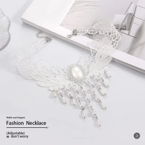 Vista 5 de Zoestar Gargantilla de encaje, collar con colgante de perlas y borlas, collar de encaje blanco vintage, accesorios de cadena para mujer