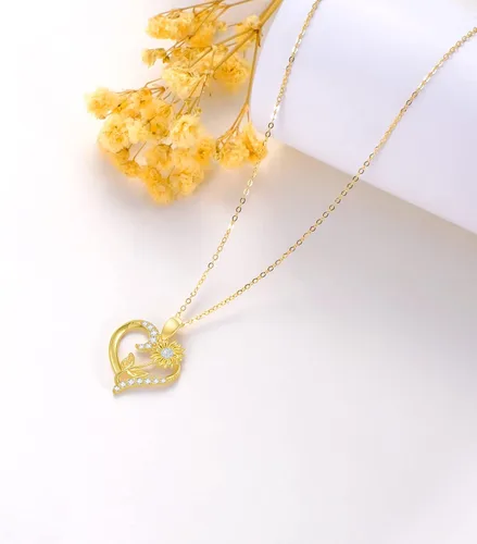 Vista 11 de Collar de flor de nacimiento de oro real de 14 quilates para mujer, oro amarillo creado moissanita con colgante de corazón, collares