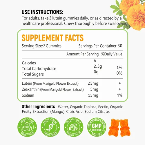 Vista 5 de Gomitas de luteína de 25 mg – Vitaminas para los ojos Luteína y Zeaxantina Suplementos para la salud ocular para adultos, suplemento de gomitas