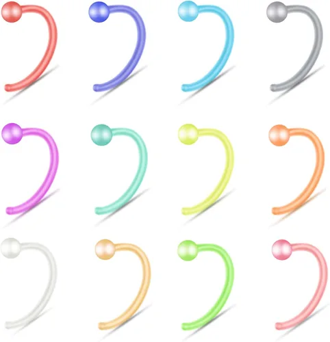 Vista 10 de ZS 12 piezas 20G Anillos retenedor de nariz flexibles Bioflex coloridos, aretes de nariz transparentes y flexibles de bioplástico para perforación