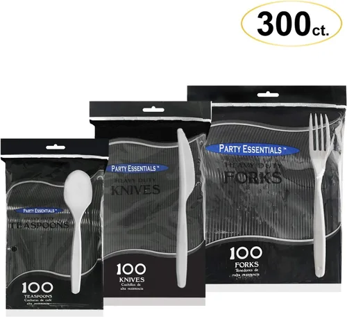 Vista 3 de Party Essentials KITCB-3001 - Combo de cubiertos de plástico, incluye cuchillos, tenedores, cucharas, 300 piezas/100 lugares, resistente, negro
