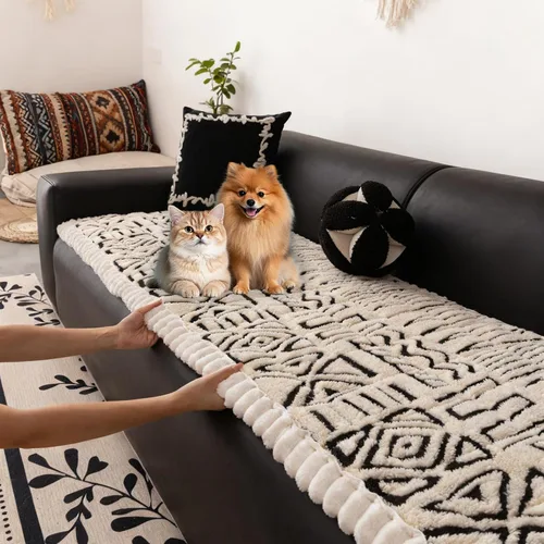 Vista 14 de HANDONTIME Funda para sofá de perro con diseño geométrico de jacquard, fundas de sofá lavables, divertidas y esponjosas, funda de cojín para sofá
