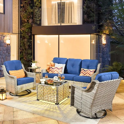 Vista 26 de HOOOWOOO Sofá de patio de 3 plazas de mimbre para exteriores, resistente a todo tipo de clima, con respaldo alto, muebles a juego (beige y bronceado)