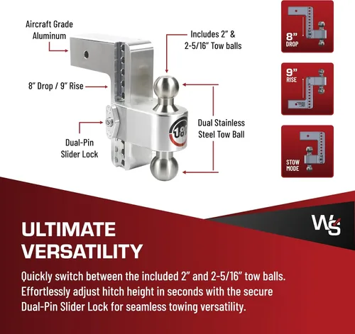 Vista 4 de Weigh Safe Enganche de remolque de 180 grados, enganche de remolque ajustable para remolque, compatible con receptores de 3 pulgadas, caída de 8