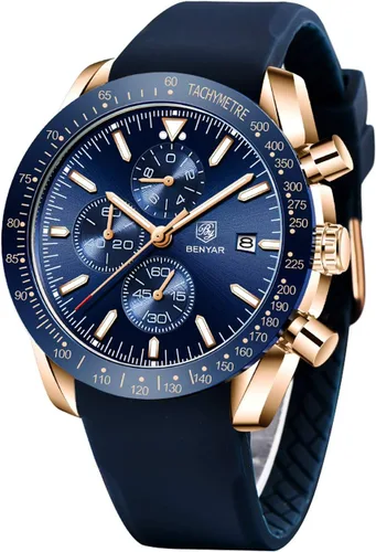 Vista 7 de BENYAR - Relojes para hombre, cronógrafo de cuarzo, marca de lujo, impermeable, relojes de pulsera de cuero marrón a la moda para hombres
