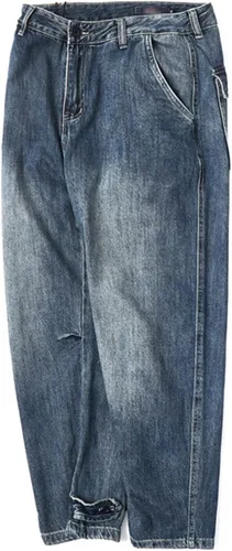Vista 3 de Pantalones de mezclilla de pierna recta para hombre, holgados, holgados, lavados, desgastados, casuales, vintage, con cremallera, pantalones de moto