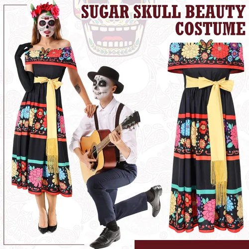 Vista 5 de Xtinmee 4 piezas de disfraces del Día de los Muertos para mujer, incluyen vestido, diadema, guantes y tatuaje facial para cosplay, Halloween