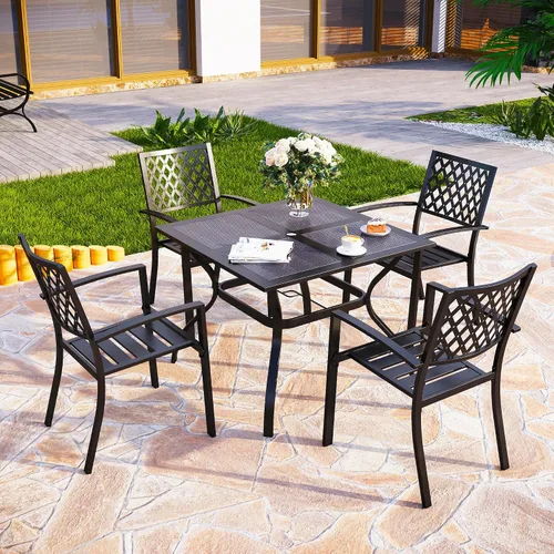 Vista 8 de PHI VILLA - Mesa de comedor al aire libre de 37 pulgadas, mesa de patio con malla de acero de metal, mesa de comedor con orificio para paraguas